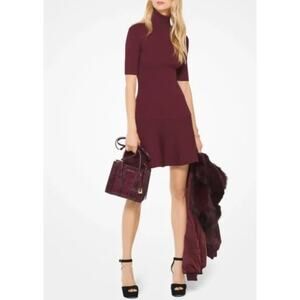 Michael Kors Ribbed Turtleneck Sweater Dress Maroon Wool Short Sleeve Mini Sz S